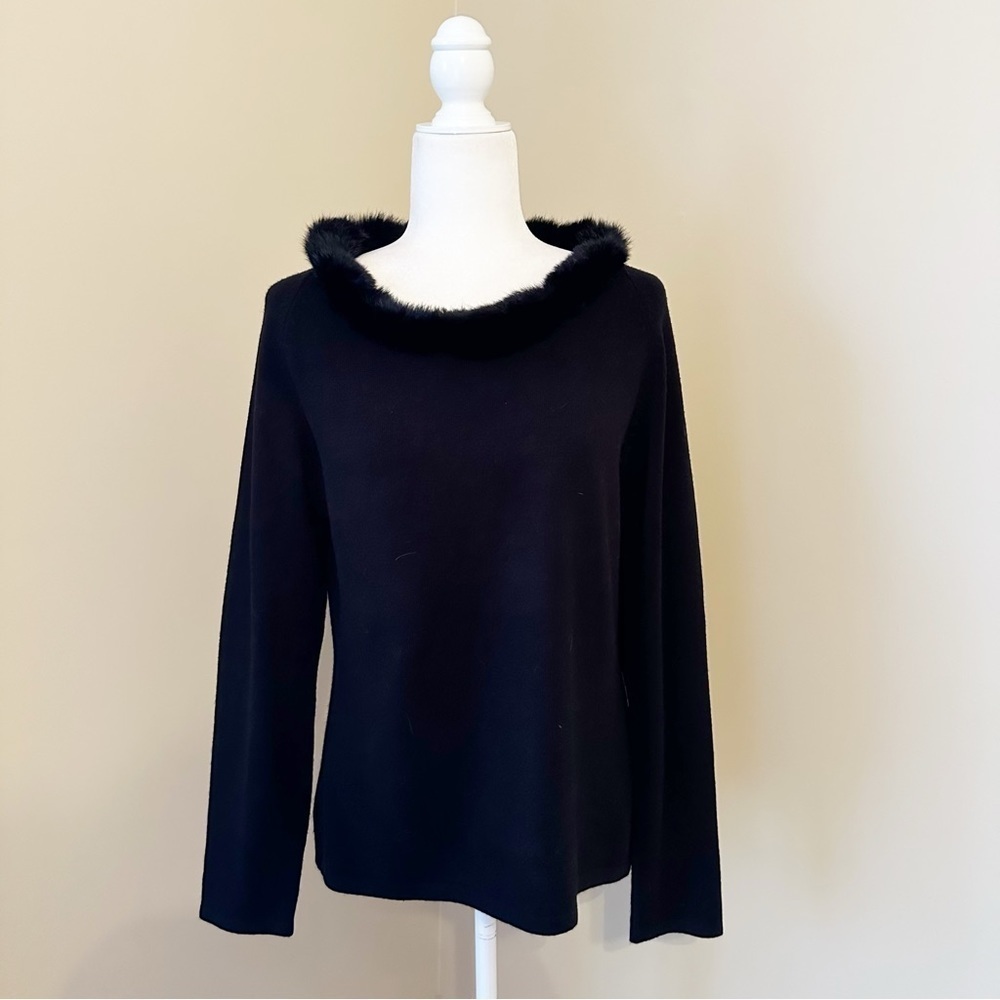 Carducci Fur Trim Long Sleeve Black Sweater - Large
